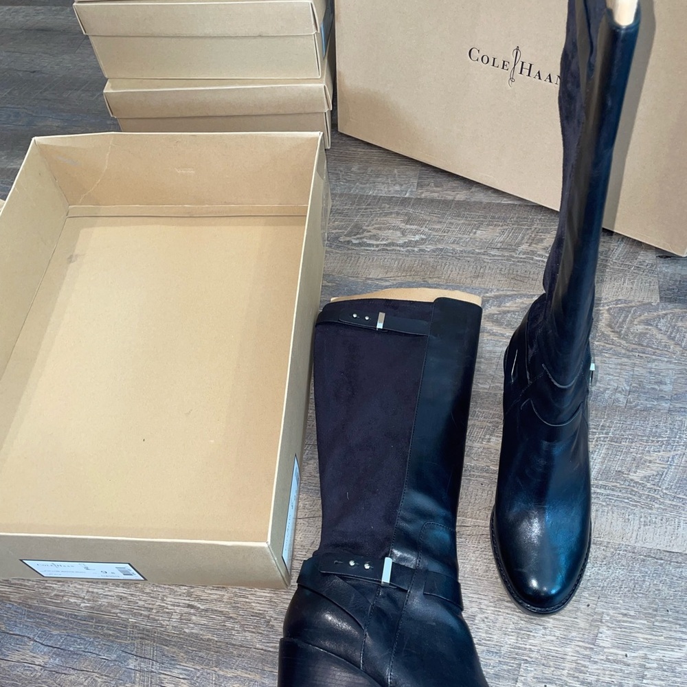 Cole Haan Black Leather and Suede Knee-High Wedge Boots - Picture 10 of 10